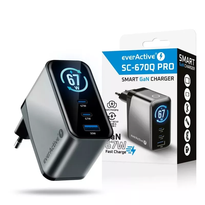 EVERACTIVE SC-670Q Cargador GaN 67W USB-C con 2x USB-C y 1x USB-A, Quick Charge 4+, PD 3.0, Negro