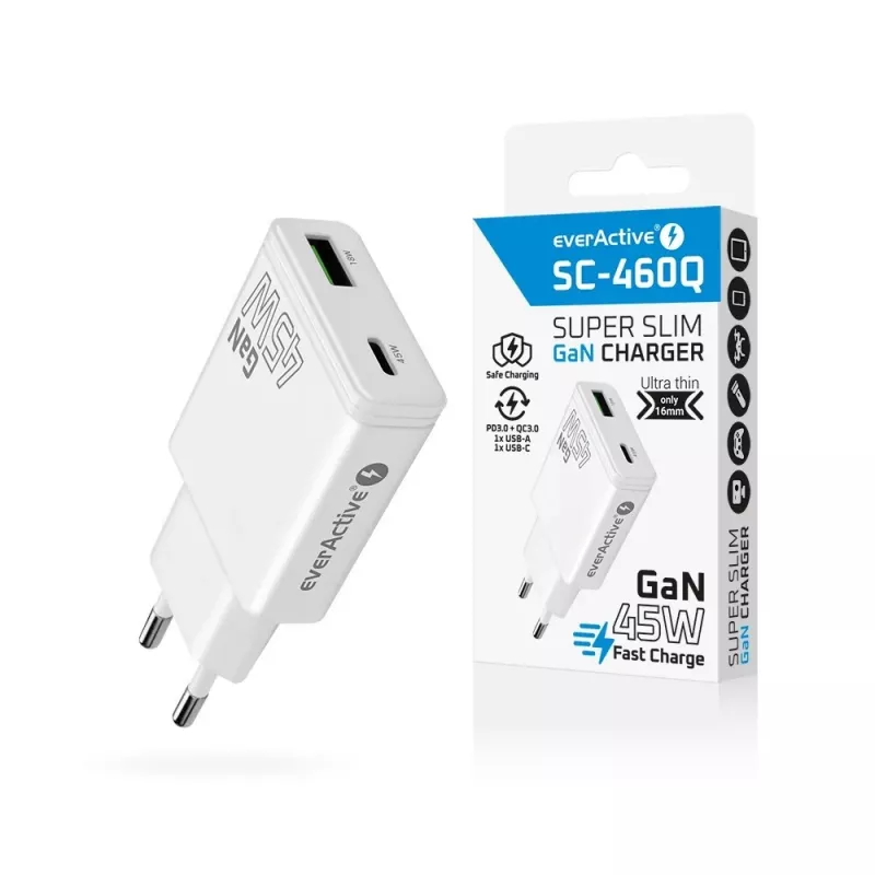 EVERACTIVE Cargador de pared GaN QC3.0 45W USB-C SC-460Q Blanco
