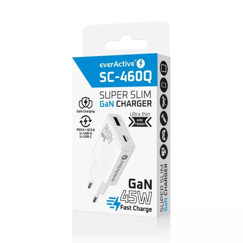 EVERACTIVE Cargador de pared GaN QC3.0 45W USB-C SC-460Q Blanco