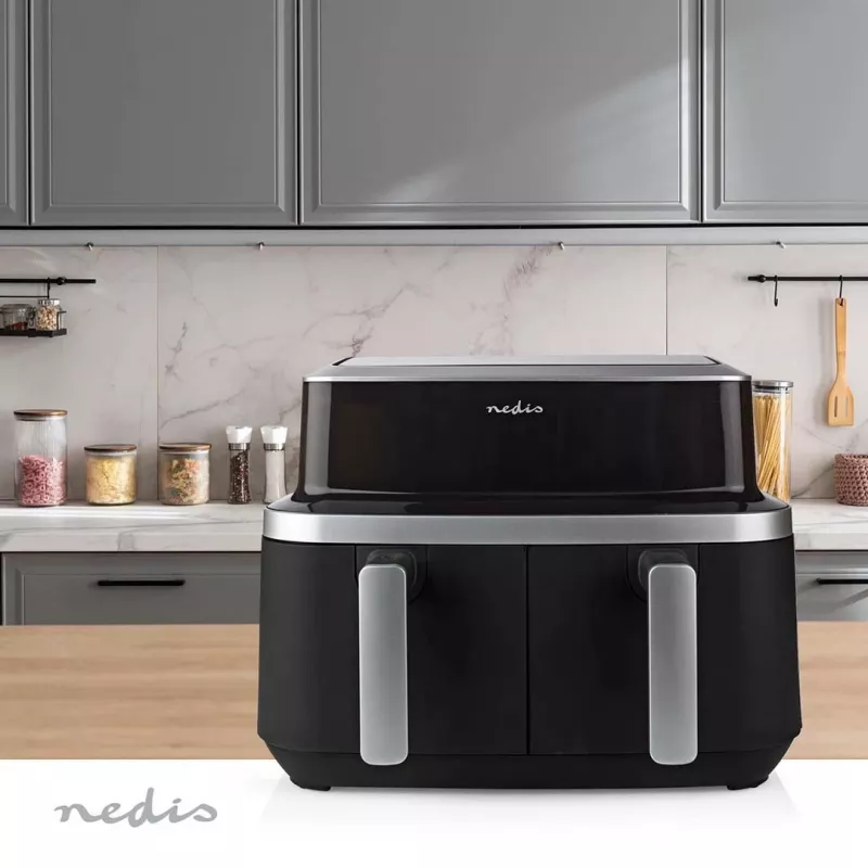 Nedis KAAF320BK freidora de aire de doble cesta, 4,2 l, 80-200 °C, temporizador de 60 min, negra