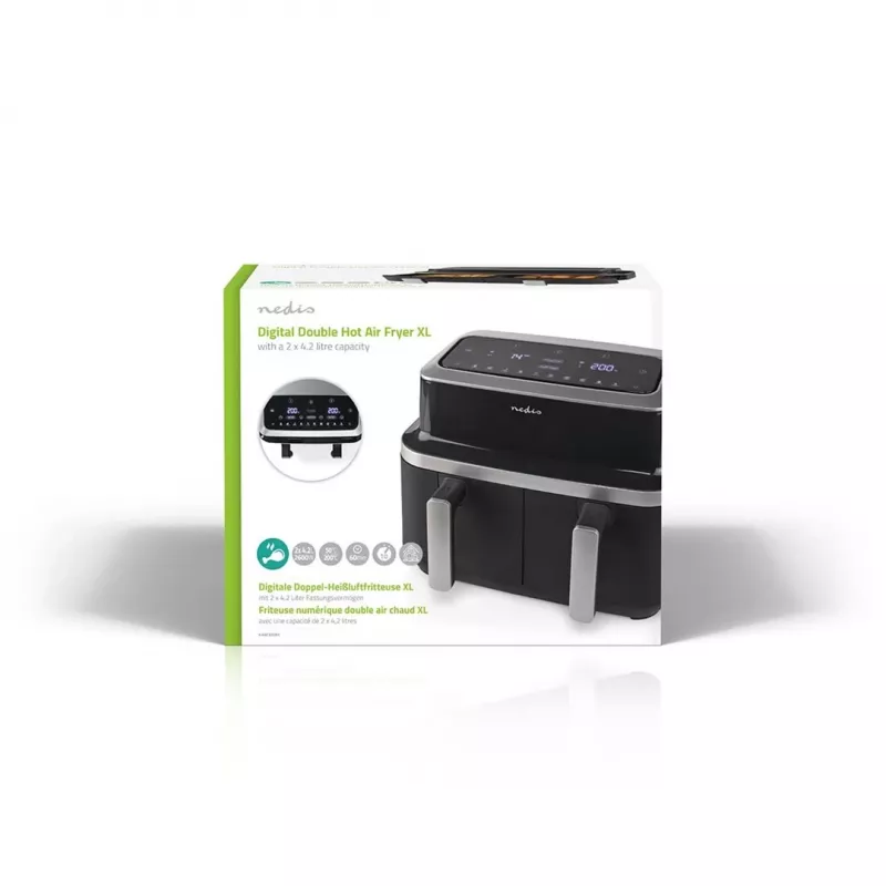 Nedis KAAF320BK freidora de aire de doble cesta, 4,2 l, 80-200 °C, temporizador de 60 min, negra