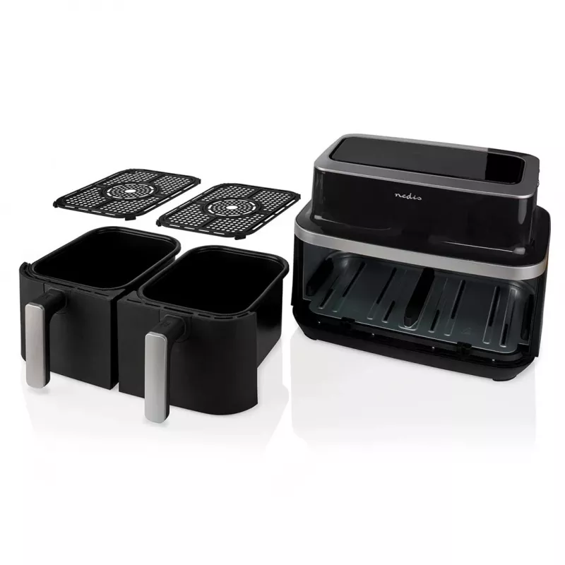 Nedis KAAF320BK freidora de aire de doble cesta, 4,2 l, 80-200 °C, temporizador de 60 min, negra