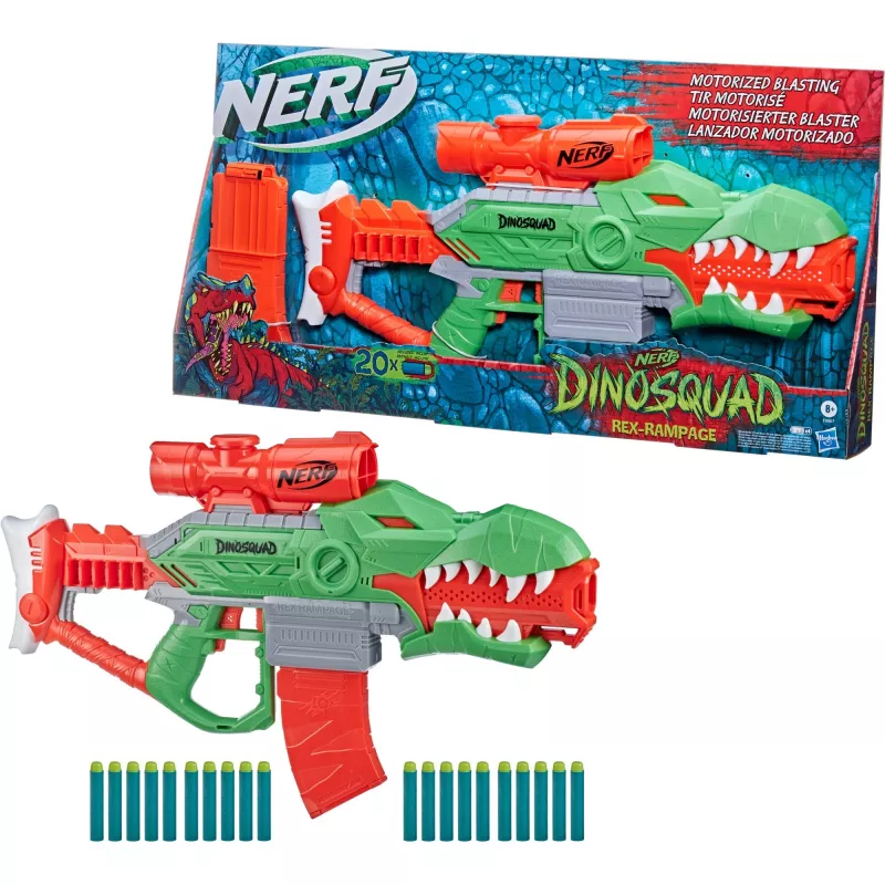 HASBRO Nerf DinoSquad Rex-Rampage Bláster de dardos motorizado - Verde/Naranja