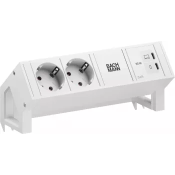 Bachmann DESK2 Pure White módulo de enchufes de escritorio con 2 tomas Schuko y USB-C PD de 65W, cable de 0,2m, RAL 9010