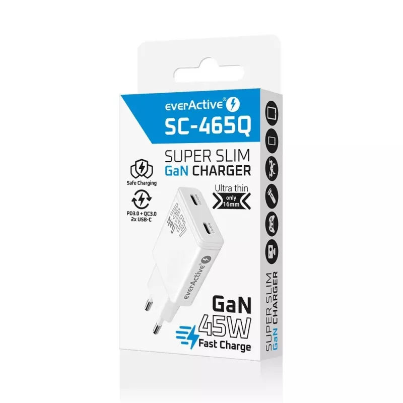 EVERACTIVE Cargador GaN 45W USB-C QC3.0 SC-465Q Blanco