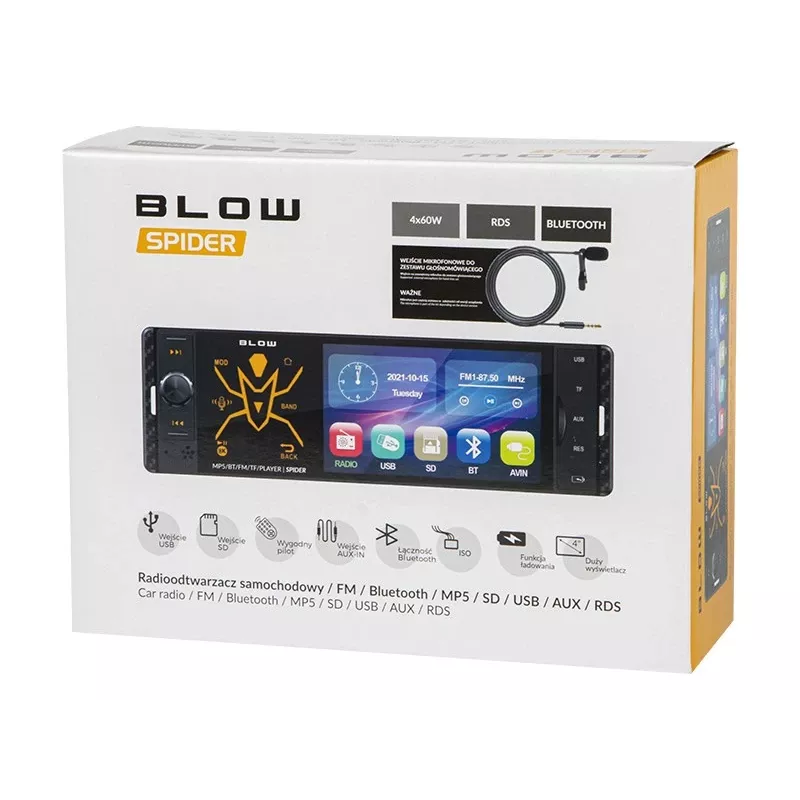 BLOW Spider 4CAL RDS RGB Radio para coche con Bluetooth, USB, SD, AUX, pantalla táctil, retroiluminación RGB, mando a distancia, 1 DIN, 4x45W