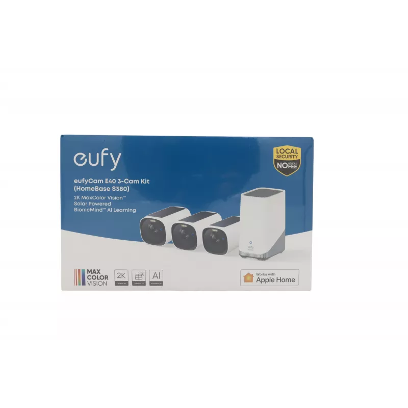 eufy Security eufyCam E40 Kit de 3 cámaras con HomeBase 3, resolución 2K, inalámbrica, IP65, visión nocturna en color, detección por IA, batería de 120 días