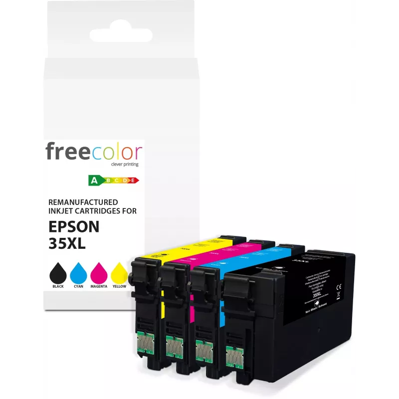 Cartucho de tinta remanufacturado Freecolor Multipack para Epson 35XL (Negro, Cian, Magenta, Cian) + 3x25ml frascos de tinta de recarga