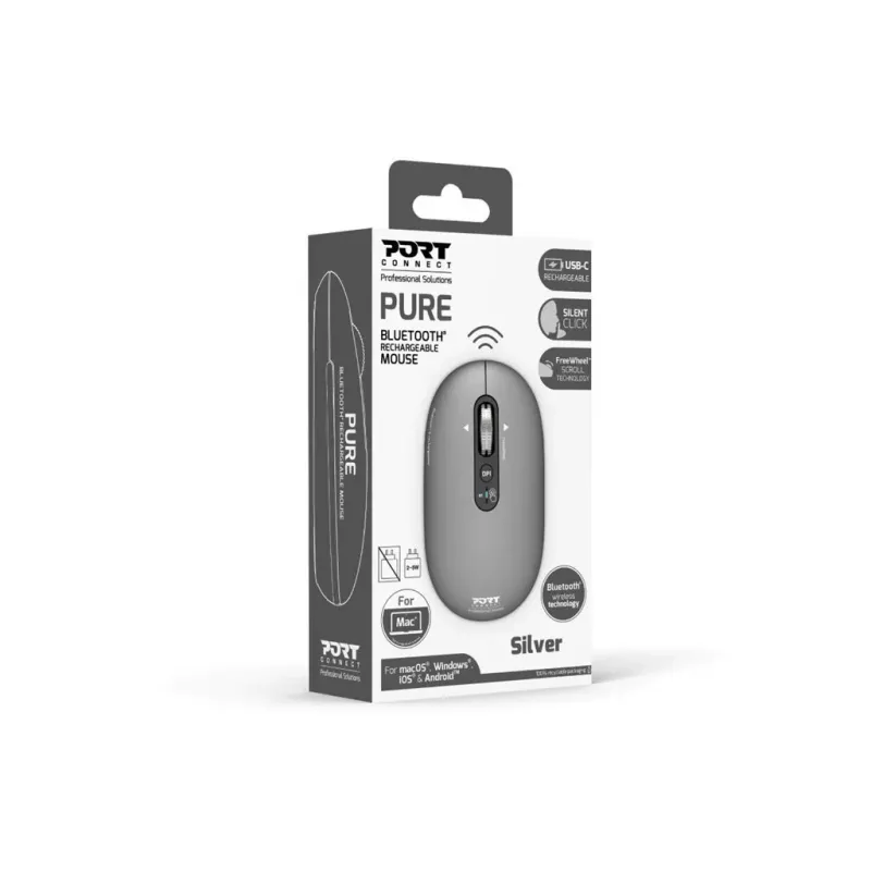 PORT Designs PORT Connect Professional PURE ratón inalámbrico recargable - Óptico - 4 botones - 2,4 GHz, Bluetooth - Receptor USB - Negro