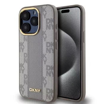 DKNY DKHMP15LPCPVSLE iPhone 15 Pro 6.1 Beige Funda rígida piel Karo Mono Pattern MagSafe