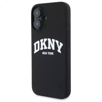 DKNY DKHMP16SSNYACH Funda rígida para Apple iPhone 16 6,1 pulgadas negra silicona con logo impreso blanco MagSafe