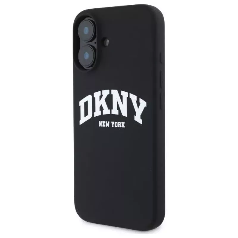 DKNY DKHMP16SSNYACH Funda rígida para Apple iPhone 16 6,1 pulgadas negra silicona con logo impreso blanco MagSafe