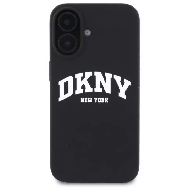 DKNY DKHMP16SSNYACH Funda rígida para Apple iPhone 16 6,1 pulgadas negra silicona con logo impreso blanco MagSafe