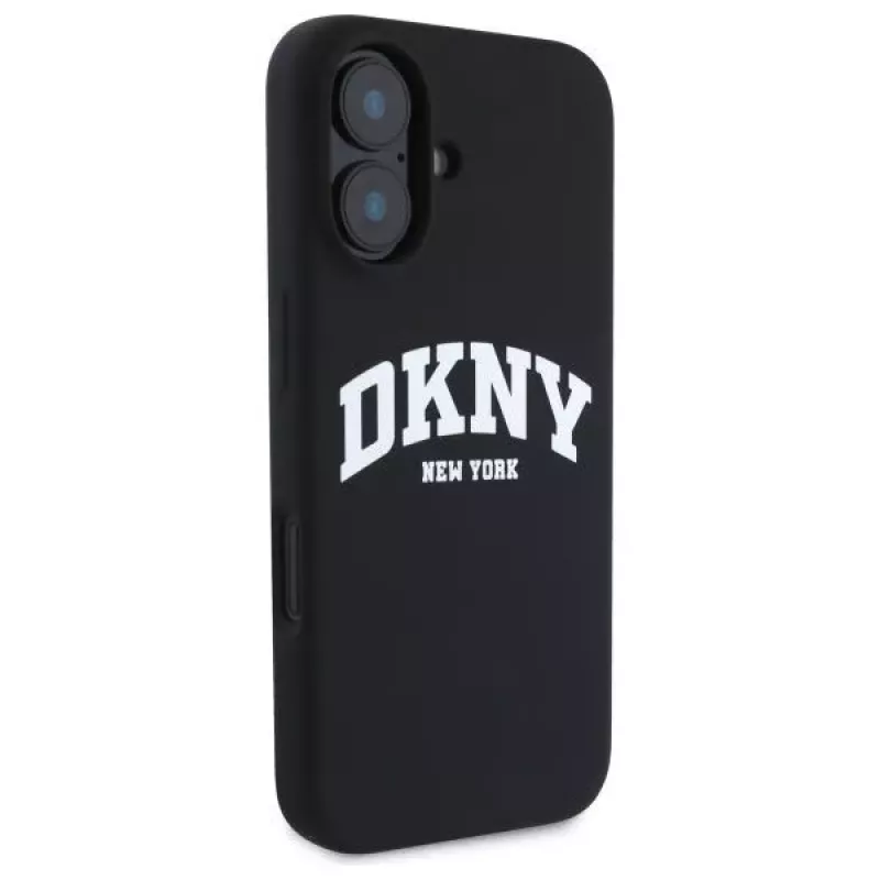 DKNY DKHMP16SSNYACH Funda rígida para Apple iPhone 16 6,1 pulgadas negra silicona con logo impreso blanco MagSafe