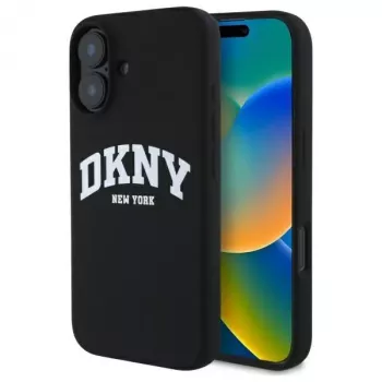 DKNY DKHMP16SSNYACH Funda rígida para Apple iPhone 16 6,1 pulgadas negra silicona con logo impreso blanco MagSafe