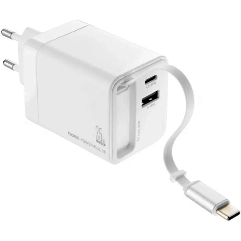TROIKA POWER PULL 35 Cargador de coche 35W USB-C PD y USB-A QC 3.0 blanco (CHA35/WH)