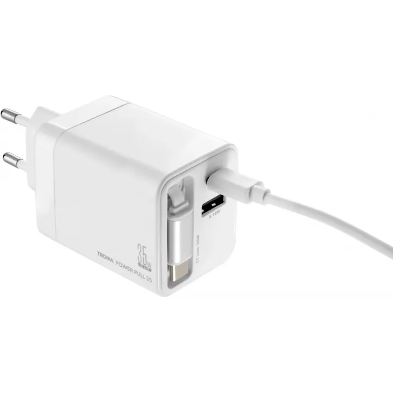 TROIKA POWER PULL 35 Cargador de coche 35W USB-C PD y USB-A QC 3.0 blanco (CHA35/WH)