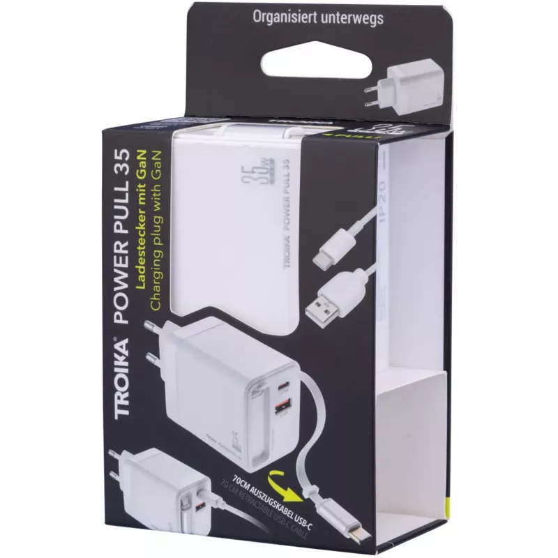 TROIKA POWER PULL 35 Cargador de coche 35W USB-C PD y USB-A QC 3.0 blanco (CHA35/WH)