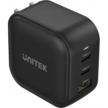 UNITEK cargador GaN 66W 3 puertos USB-C PD y QC 3.0 negro