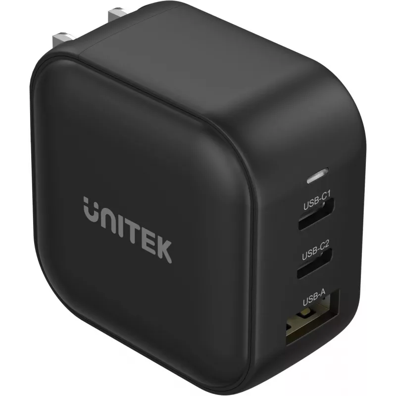 UNITEK cargador GaN 66W 3 puertos USB-C PD y QC 3.0 negro