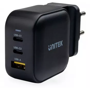 UNITEK cargador GaN 66W 3 puertos USB-C PD y QC 3.0 negro