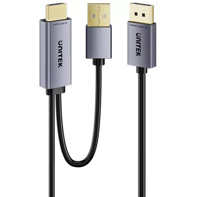 UNITEK cable HDMI a DisplayPort 4K con alimentación USB-A, 1,8 m, negro