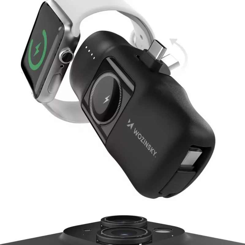 Mini batería externa Wozinsky WF16-YCS 5000mAh 15W USB-C con cable USB-C integrado y cargador para Apple Watch - Negro