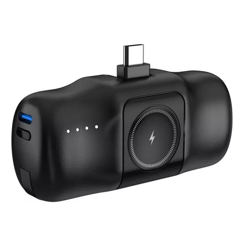 Mini batería externa Wozinsky WF16-YCS 5000mAh 15W USB-C con cable USB-C integrado y cargador para Apple Watch - Negro