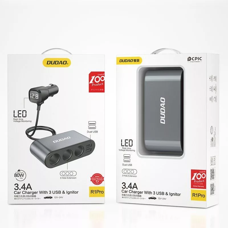 Dudao Cargador de coche 2x USB / 3x adaptador divisor para mechero Negro (R1Pro black)