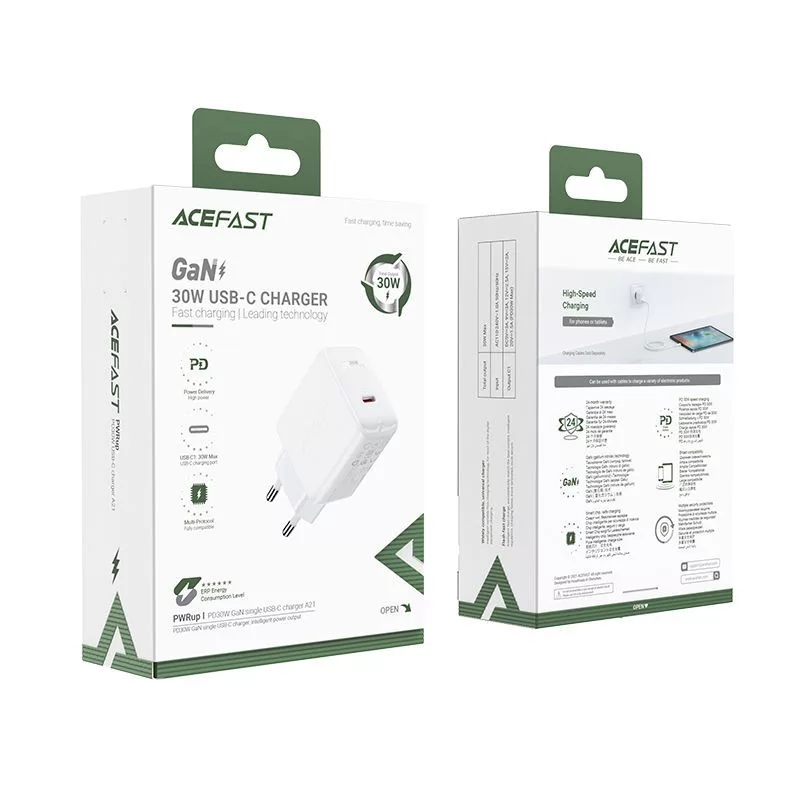 ACEFAST GaN Cargador USB-C 30W PD QC 3.0 AFC FCP Blanco (A21)