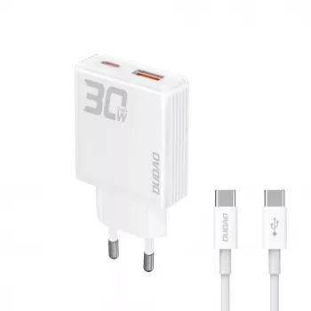 Dudao A30EU GaN 30W Cargador de pared USB-C USB-A con cable USB-C a USB-C 1m Blanco