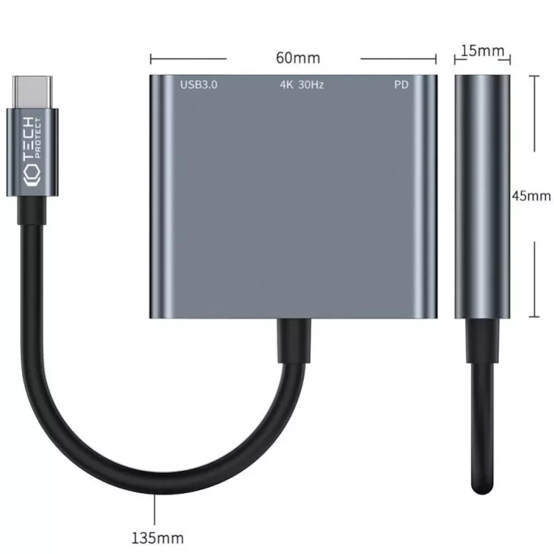 Tech-Protect V1 Adaptador hub USB-C 3 en 1 - USB-A 3.0, USB-C PD 100W, HDMI 4K 30Hz - Gris
