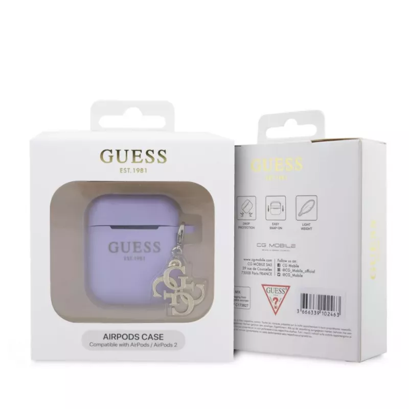 Guess Apple AirPods 1/2 Funda de silicona Classic Logo Gold Charm Lila
