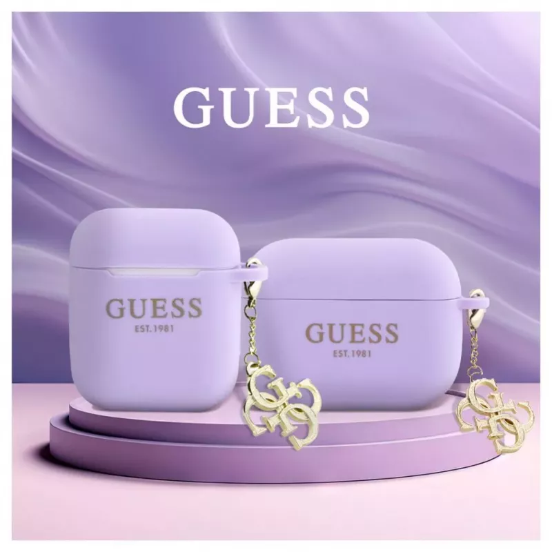Guess Apple AirPods 1/2 Funda de silicona Classic Logo Gold Charm Lila