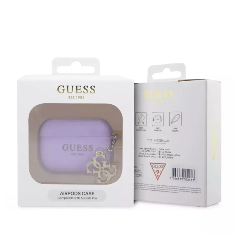 Guess Apple AirPods Pro Funda de silicona Classic Logo Gold con 4G Charm Lila