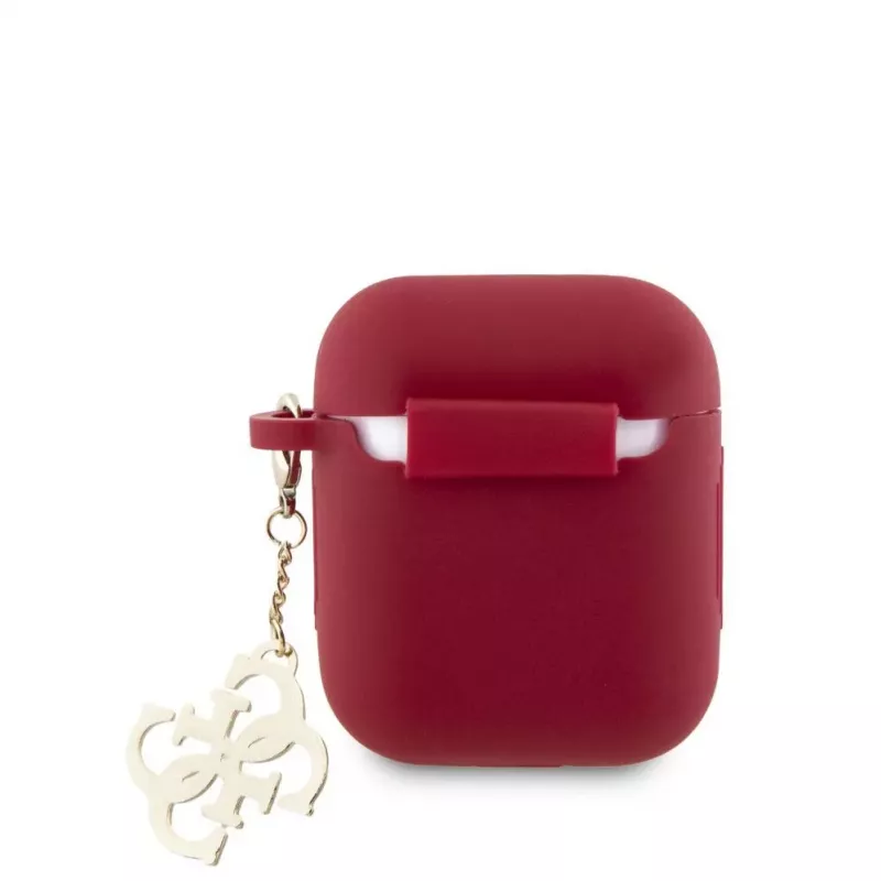 Guess Apple AirPods 1/2 Funda de silicona Classic Logo Gold con colgante 4G Magenta
