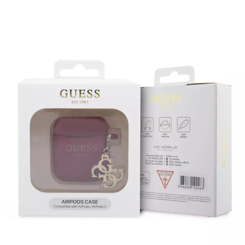 Guess Apple AirPods 1/2 Funda de silicona Classic Logo Gold con colgante 4G Magenta