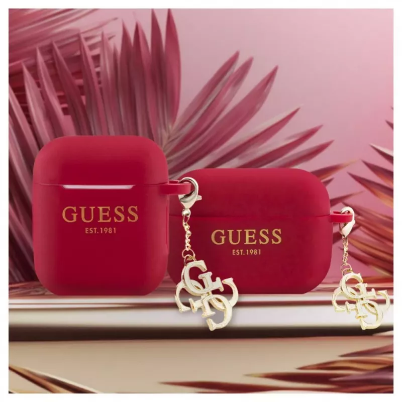 Guess Apple AirPods 1/2 Funda de silicona Classic Logo Gold con colgante 4G Magenta