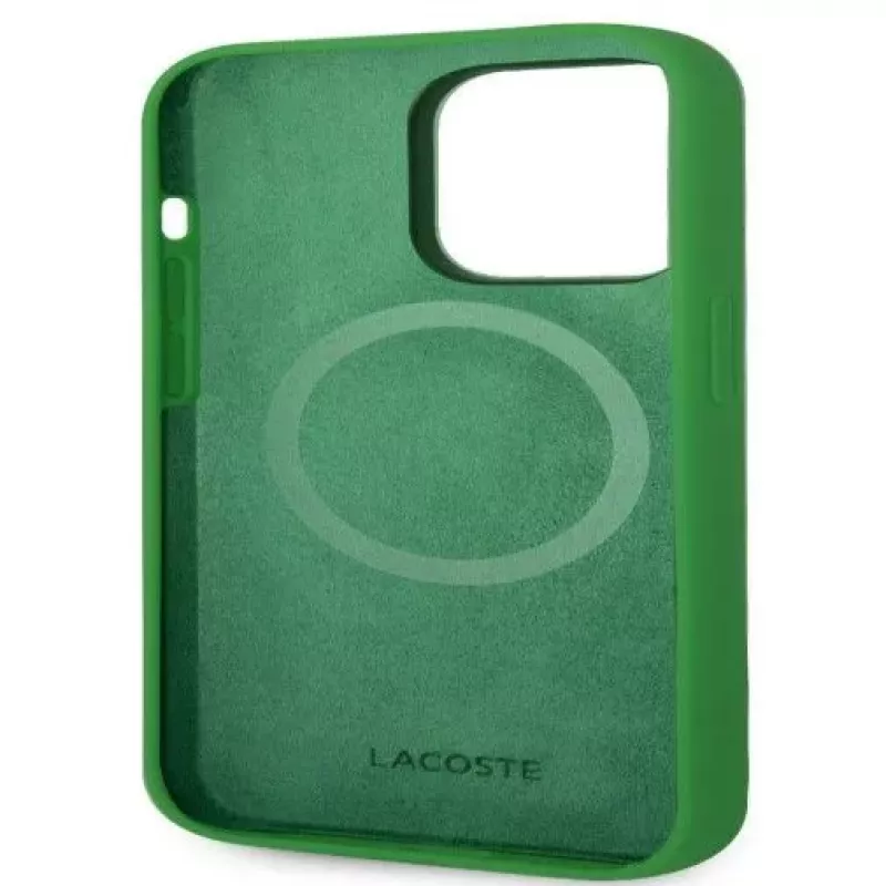 Lacoste Apple iPhone 15 6.1 Liquid Silicone Microfiber Croc Logo Magsafe Funda Trasera Verde