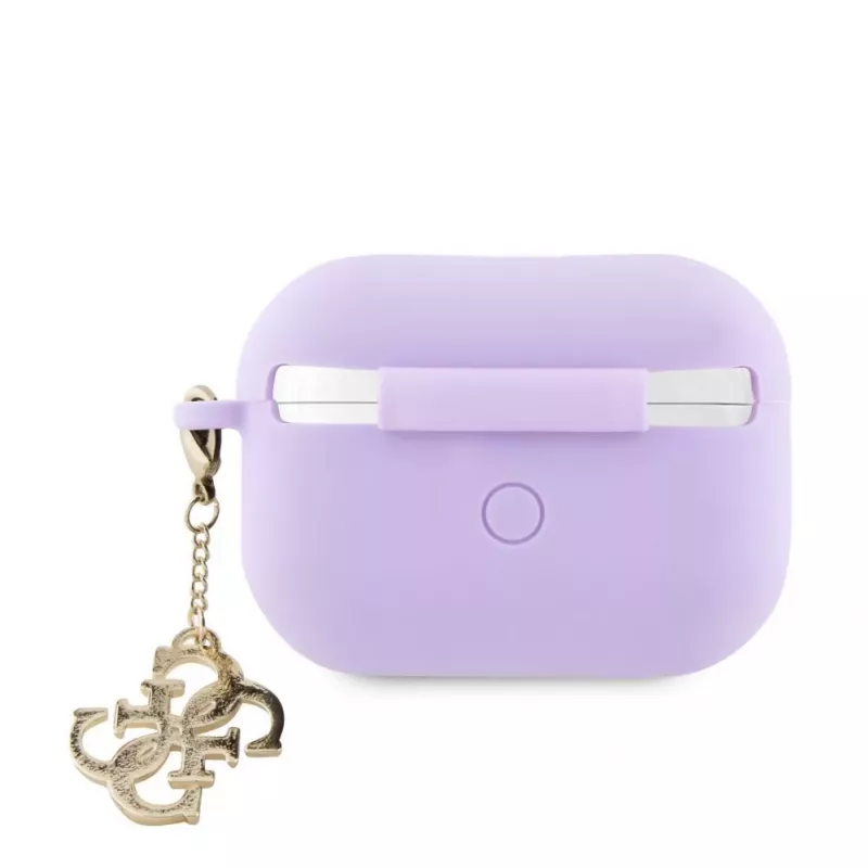 Guess Apple AirPods Pro 2 Funda de silicona Classic Logo Gold con colgante 4G Lila