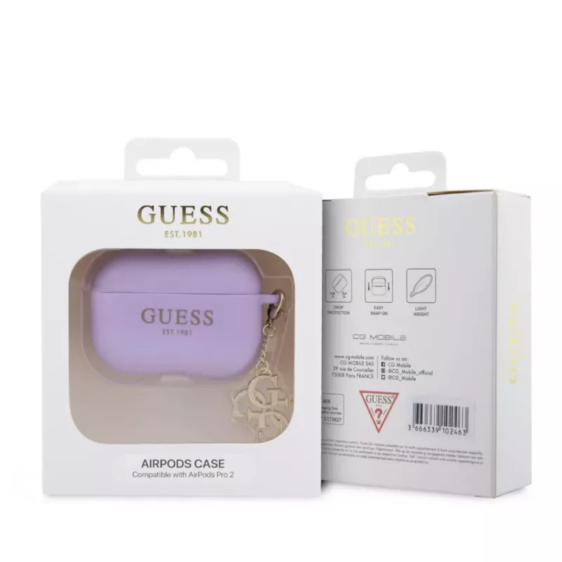 Guess Apple AirPods Pro 2 Funda de silicona Classic Logo Gold con colgante 4G Lila