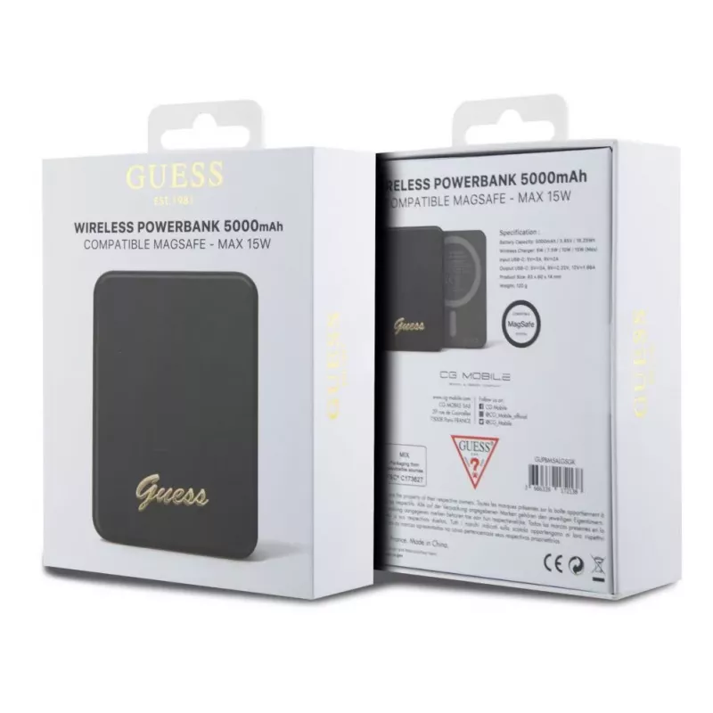 Guess Power Bank 5000mAh 15W MagSafe y carga normal con Metal Script Logo Negro