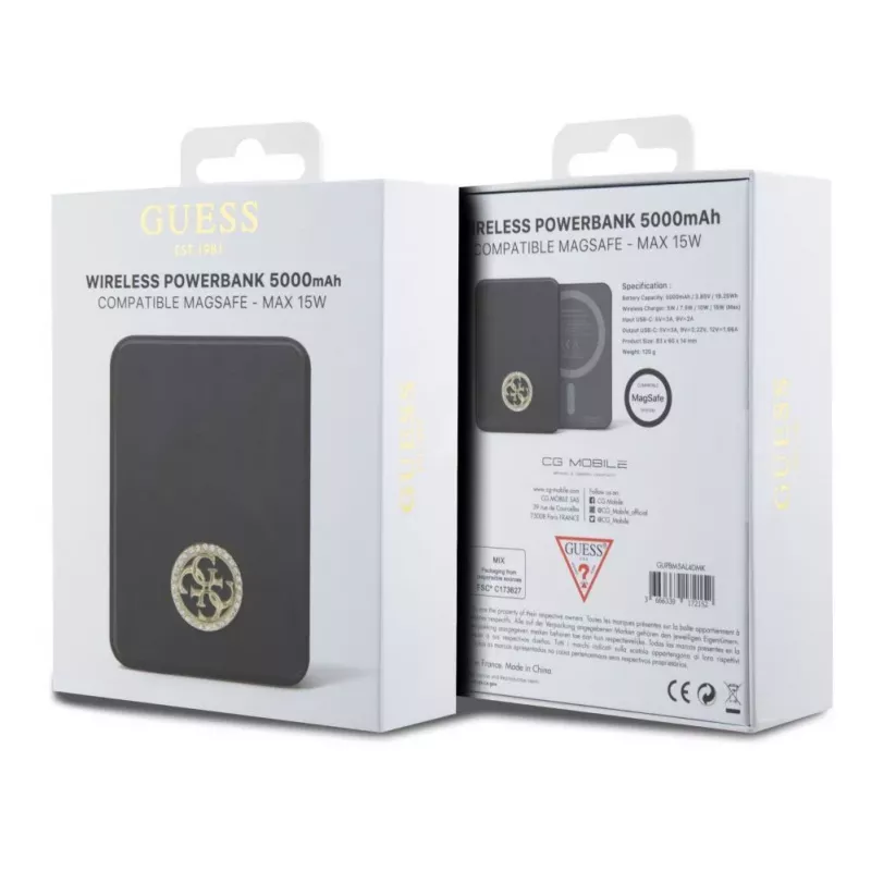 Guess Power Bank 5000mAh 15W MagSafe y carga normal con Strassed 4G Logo Negro