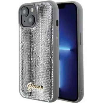 Guess iPhone 15 HC Sequin Script Metal Silver Funda Rígida
