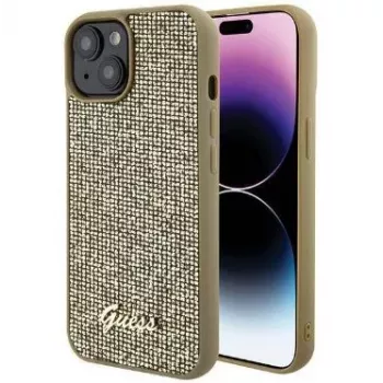 Guess Apple iPhone 15 HC PU Disco Script Metal Gold Funda Trasera