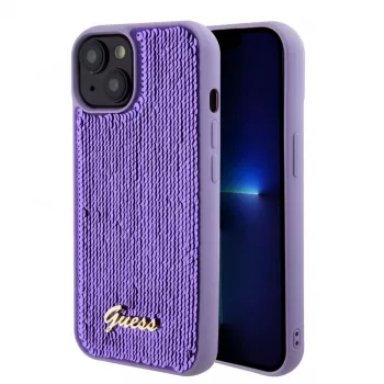 Guess Sequin Script Logo Funda para iPhone 15 Lila