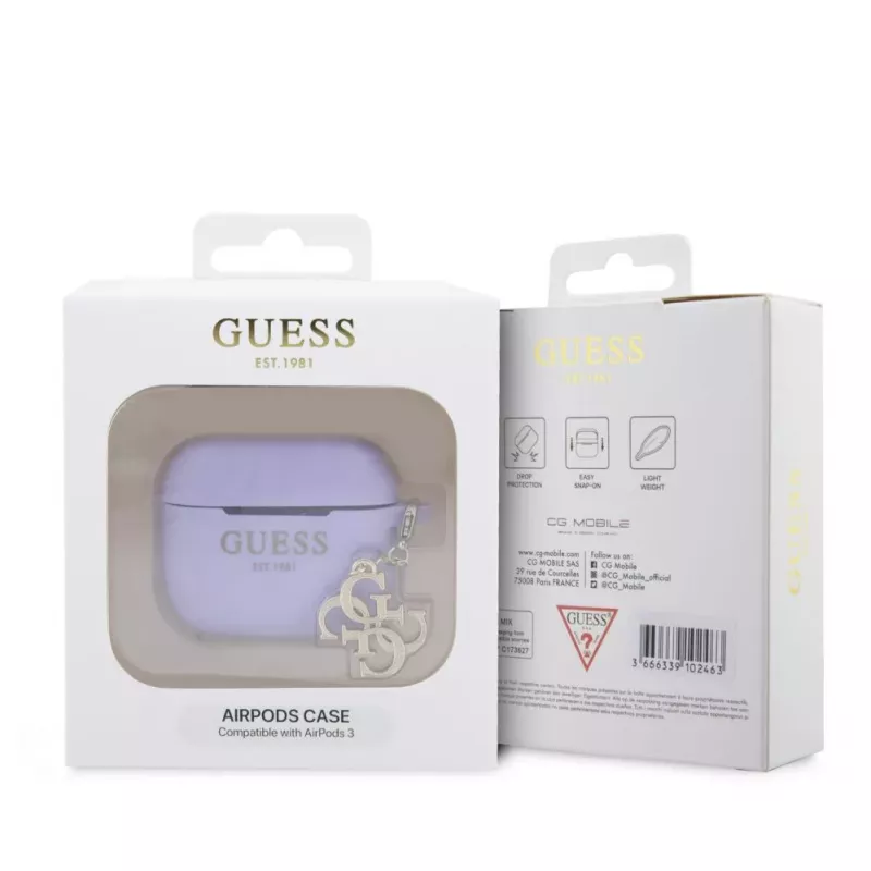 Guess AirPods 3 Funda de silicona Classic Logo Gold con colgante 4G Lila