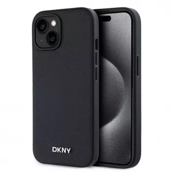 DKNY Funda MagSafe PU Leder Silver Metal Logo para iPhone 15 Negra