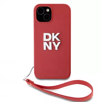DKNY Funda PU Leather Stack Logo con correa de muñeca para iPhone 15 Roja