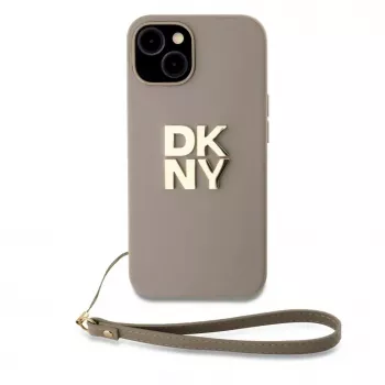 DKNY Funda PU Leather Stack Logo con correa de muñeca para Apple iPhone 15 Beige